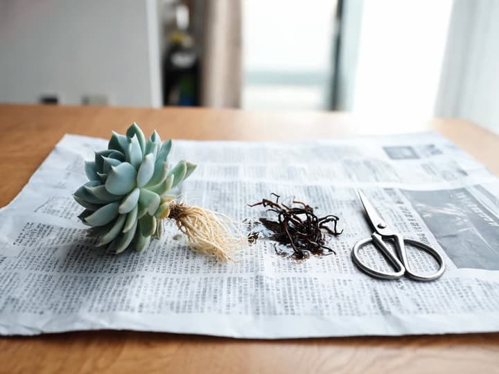 How to repot a succulent: an echeveria resting on newspaper with pale, firm roots attached to the stem, displayed next to trimmed dark, mushy roots near pruning shears