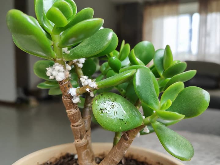 Jade plant with white cottony mealybug clusters in leaf axils and a lower leaf shiny with honeydew and black specks