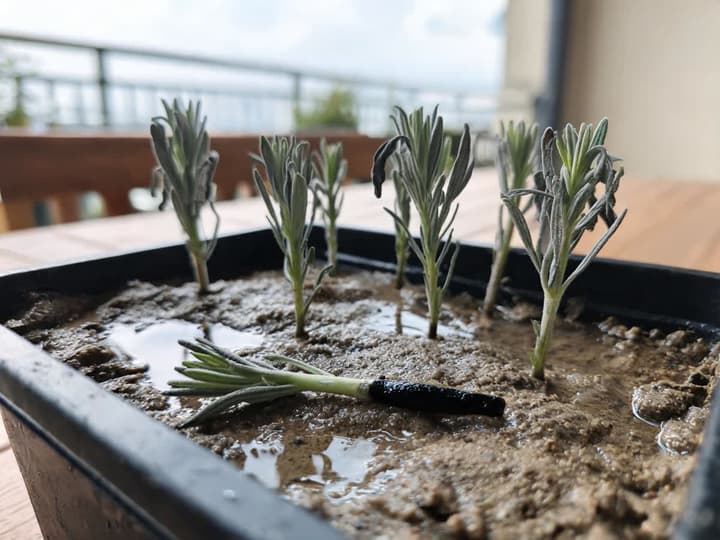 Lavender cutting pulled from waterlogged sand, with the bottom 3 cm of the stem black and soft, resting on the tray where the other cuttings are wilting