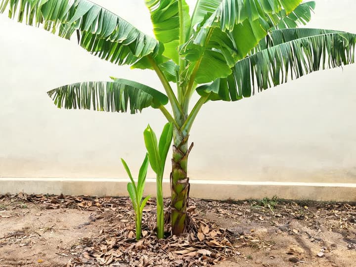 Bananier d'ornement dans le jardin, le long d'un mur, avec des feuilles déchirées en lanières par le vent et deux rejets à feuilles étroites apparaissant à la base du tronc