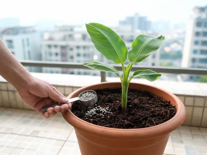 Dünger für Bananenstauden im Topf: Eine Hand hält einen Löffel mit Granulatdünger über die Erde einer jungen Bananenstaude auf einem sonnigen Balkon