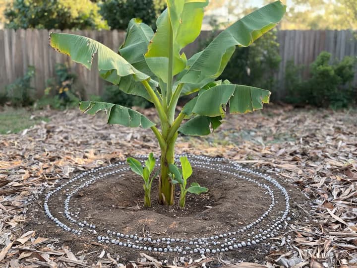 Bananenstaudenhorst im Garten mit Granulatdünger, der in einem Streifen im Kreis mit Abstand zum Stamm verteilt ist, und gehäckselten trockenen Blättern, die den Boden bedecken