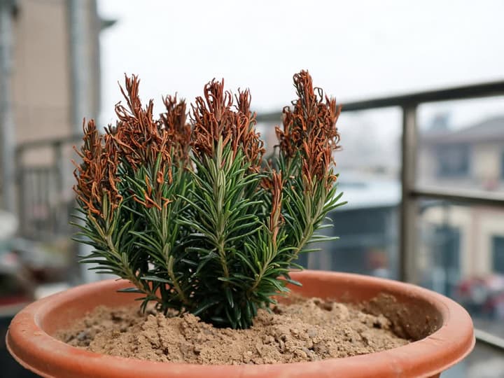 Rosmarino dopo la gelata, con le punte dei rami secche e marroni e la base degli stessi rami ancora verde, in un vaso di terracotta all'aperto