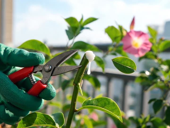 Handskeklædt hånd, der klipper en gren af dipladenia med en beskæresaks, med en dråbe hvid plantesaft, der kommer ud af snittet