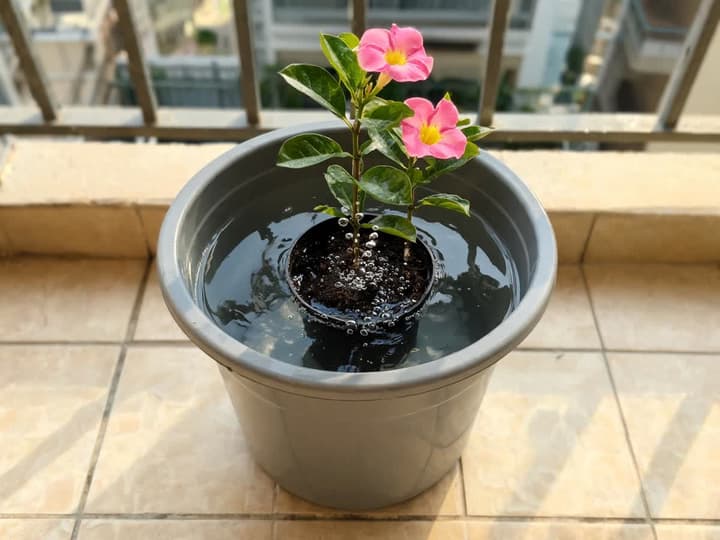 Maceta chica de dipladenia sumergida en una cubeta con agua, con burbujas de aire subiendo desde la tierra
