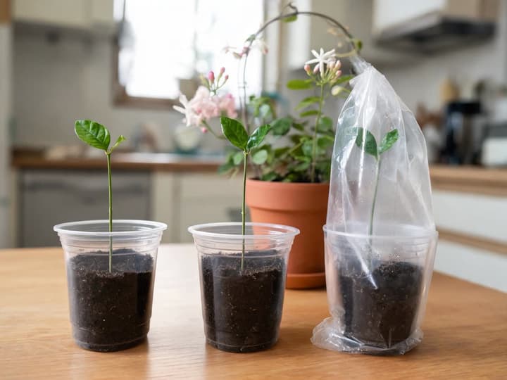 Drei Jasmin-Stecklinge in Plastikbechern mit feuchter Erde, einer davon mit einer Plastiktüte abgedeckt, vor dem Topf der Mutterpflanze