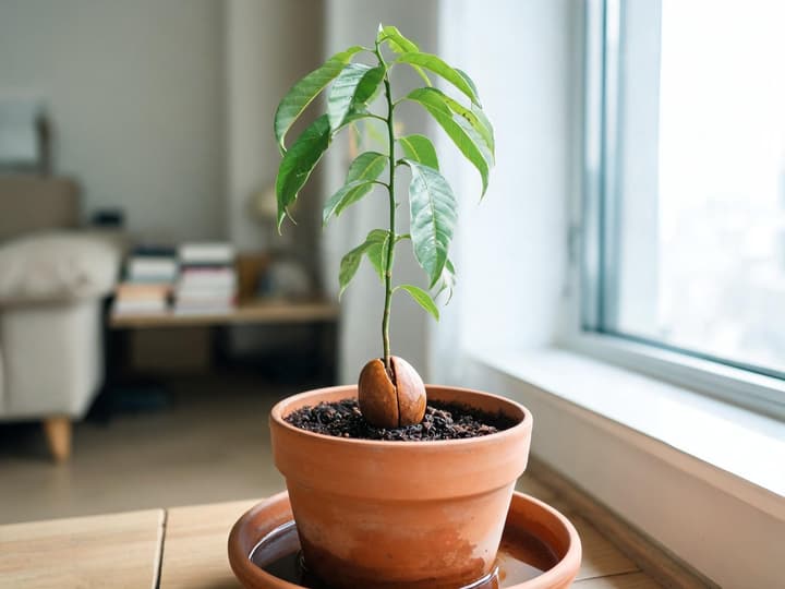 Wie man einen Avocadobaum im Topf gießt: Aus einem Kern gezogener Setzling in einem Tontopf am Fenster, mit feuchter Erde und vollem Untersetzer durch abgelaufenes Wasser