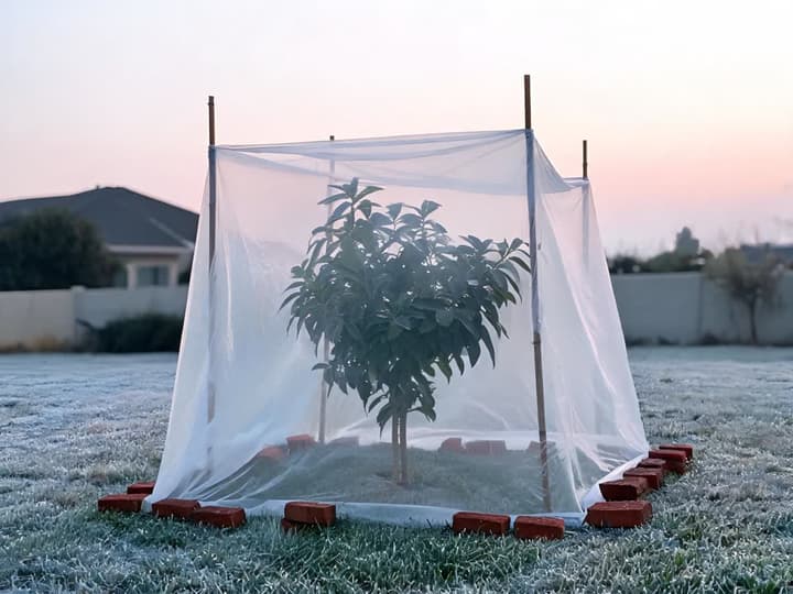 Avocadosämling im Garten, abgedeckt mit einem transparenten Vlies auf Stützen, dessen Ränder mit Ziegelsteinen am Boden befestigt sind, auf weißem Frostgras im Morgengrauen