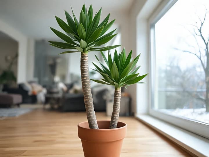 Iuca de vaso (Yucca gigantea) com duas hastes de tronco áspero e rosetas de folhas verdes, num vaso de barro perto de uma janela grande, com dia frio e cinzento lá fora