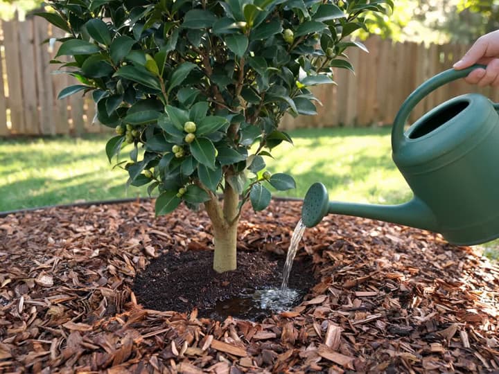 Cum se udă camelia în grădină: o stropitoare udând încet pământul la baza tulpinii unei camelii plantate în grădină, cu un inel de scoarță de pin în jur