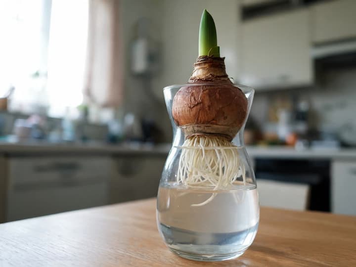 Amaryllisløg i glas: det tørre løg hviler på den snævre vaseåbning, mens de hvide rødder vokser ned i vandet