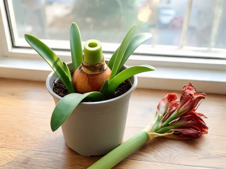 Bulbo di amarillide in vaso con lo stelo floreale cavo tagliato a pochi centimetri dal bulbo, le foglie verdi intatte e lo stelo rimosso, con i fiori appassiti, appoggiato sul tavolo