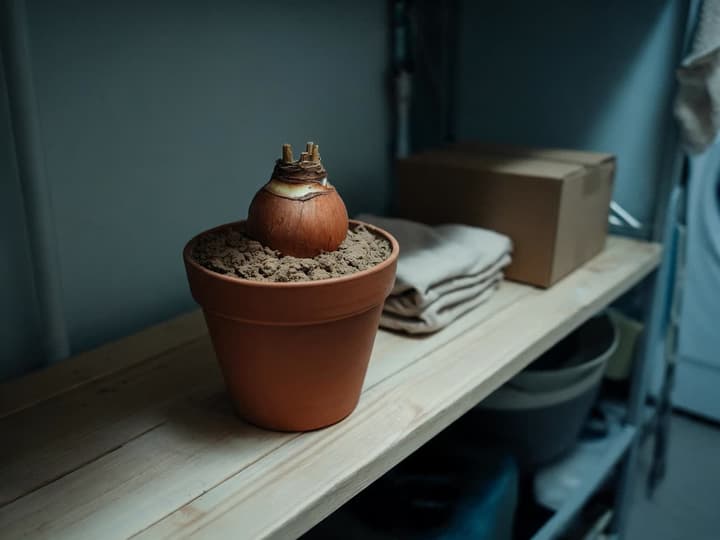 Clay pot with a dormant amaryllis bulb, without leaves, with dry soil and only the stubs of the cut leaves, on a shelf in a cool, dimly lit corner of the house
