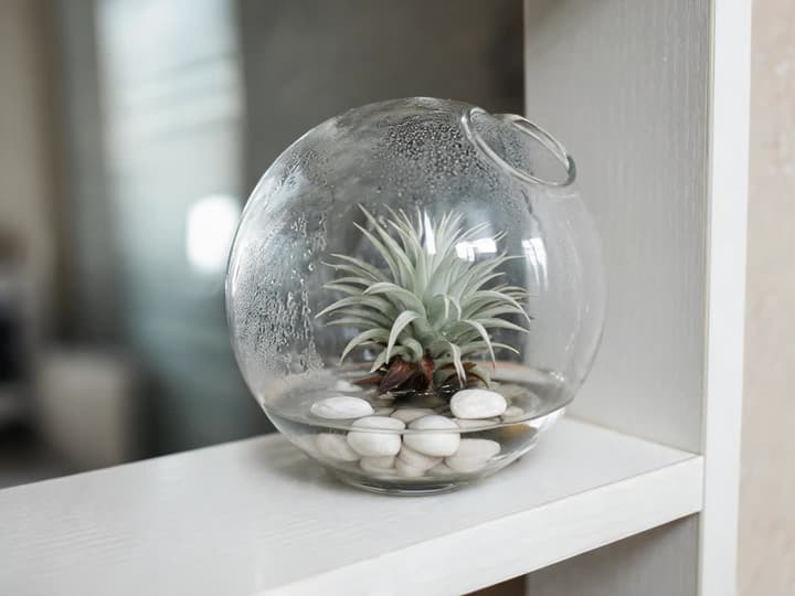 Tillandsia i en glaskugle med opsamlet vand i bunden, kondensdråber på glasset og brune blade forneden