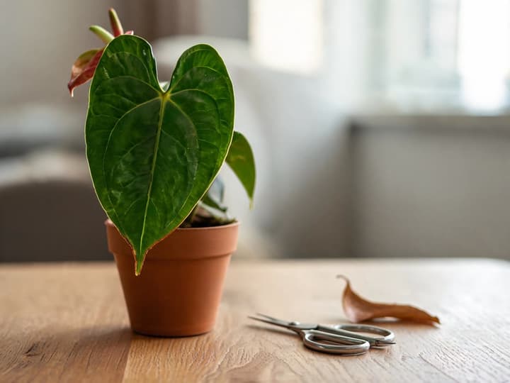Antūrijas lapa ar apgrieztu galu, sekojot lapas formai, blakus mazām šķērēm un nogrieztajam brūnajam gabaliņam