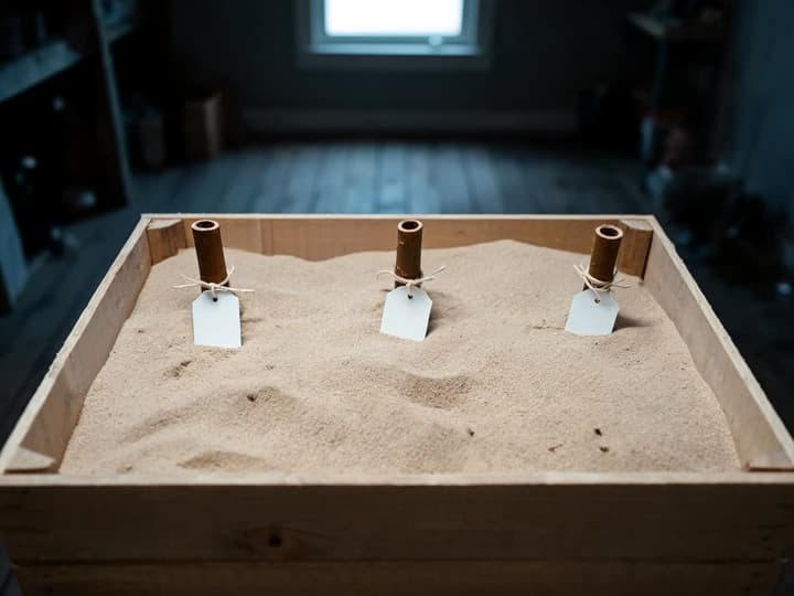 Trækasse fyldt med tørt sand med tre dahlia-knoldklumper gravet ned, med kun de hule stængelstumper og papirmærker stikkende op af sandet, i et køligt og mørkt lagerrum