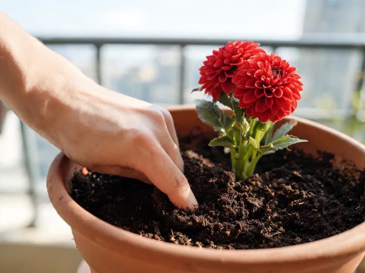 Dedo en la tierra de una maceta de barro con una dalia de flores rojas para comprobar si toca regar