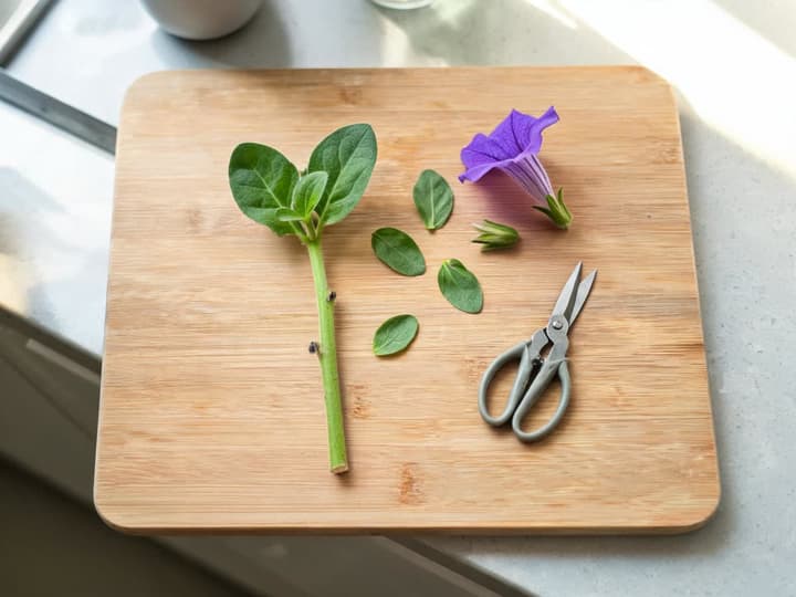 Petuniastikling klargjort på et træbræt med blade kun i toppen, bar stængel forneden uden blade eller blomster, ved siden af en saks samt de afklippede blade og blomster