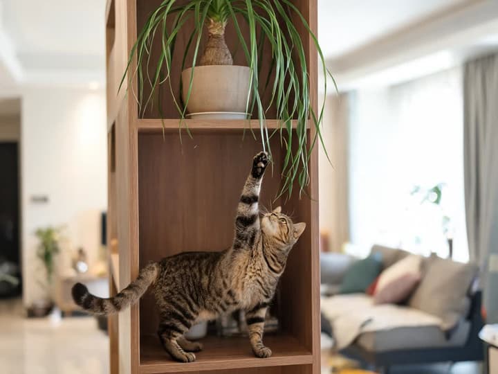Pudelpuu potis kõrgel puidust riiulil, peened lehed riiulilt alla rippumas ja vöödiline kass alumisel riiulil käpaga lehtede poole küünitamas