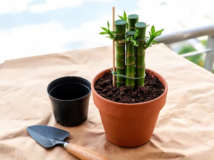 Three lucky bamboo stalks repotted in a terracotta pot with soil, tied to a wooden stake, beside the smaller previous plastic pot