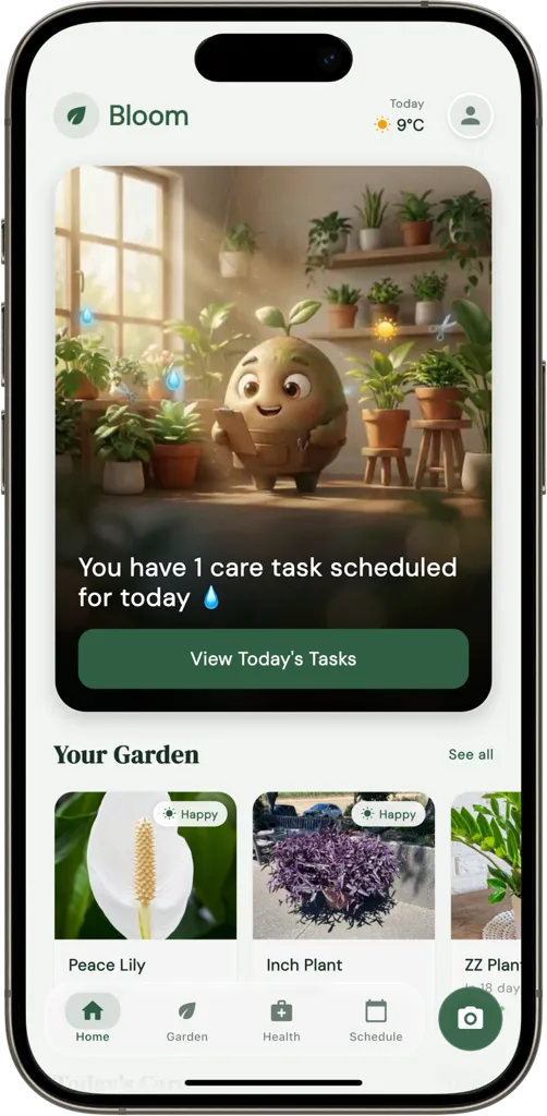 Bloom app showing plant care dashboard